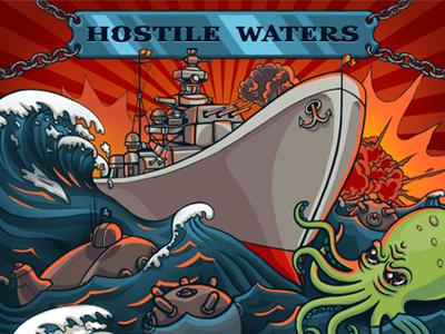 Game promo illustration blue cthulhu illustration orange ship submarine war