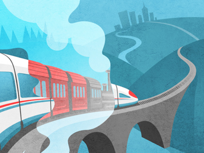 Greeting Card blue bridge card city illustration red steam train