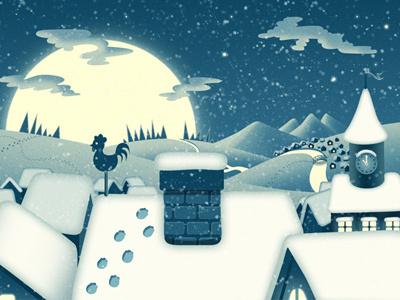 Air Hippo Town christmas clocktower house illustration moon night snow town