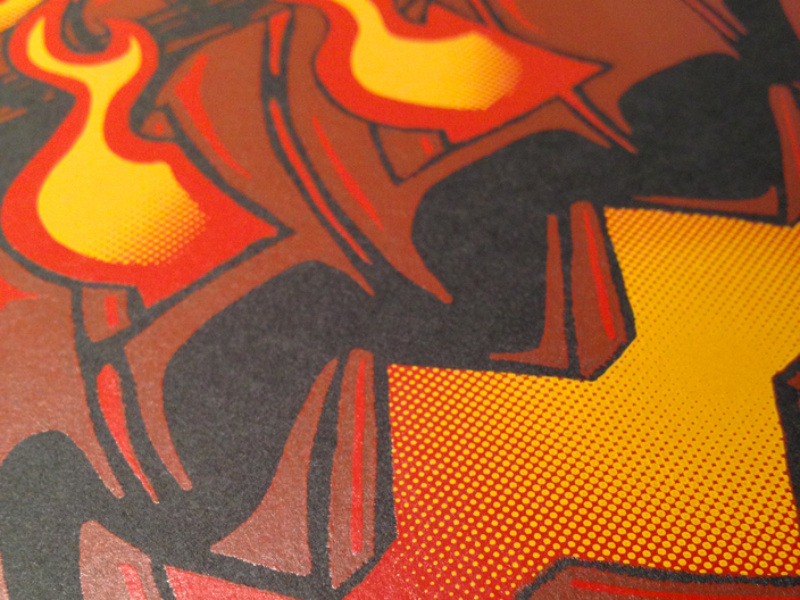 Headless Biker - Artcrank Poster Closeup poster illustration artcrank headless horseman fire screen print haloween close-up halftone