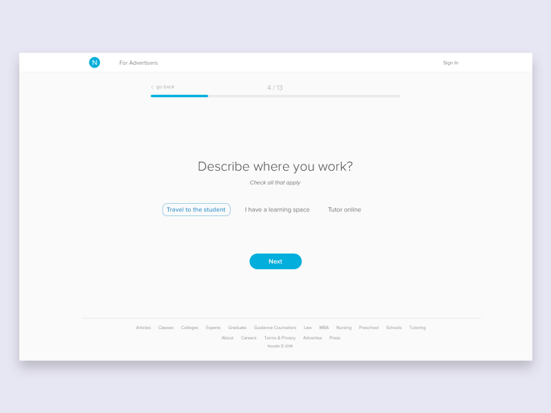 Noodle - Tutor Form animated animation clean form interaction minimal onboarding ui ux