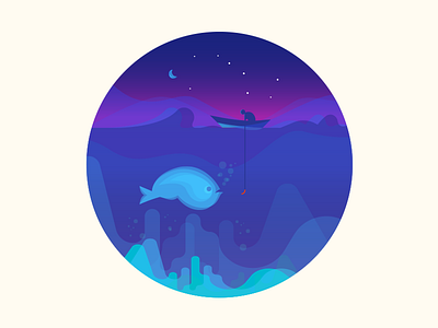 Night Fishing big fish diving fishing icon illustration moon night ocean life sea