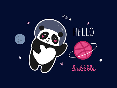 Hello Dribbble! adventure animal cartoon illustration children illustration hello dribble hellodribbble illustration panda planets space vector