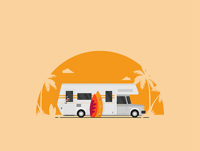 Time to travel, chill and surf beach car flat illustration palm summer sun surf surfing travel trip vector