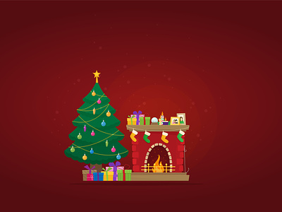 Christmas illustration - fireplace and tree with gifts