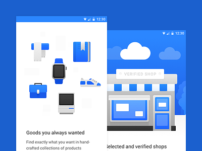 Walkthrough Screen Slides android app blue icons illustrations market material shop splash screen