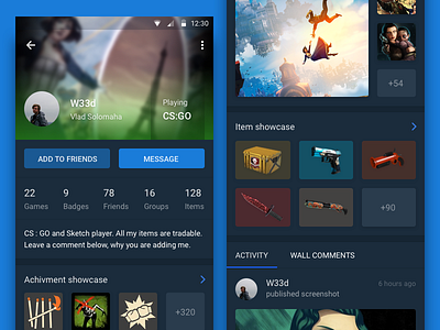 Steam's User Page android app blue dark games material design profile steam ui ux