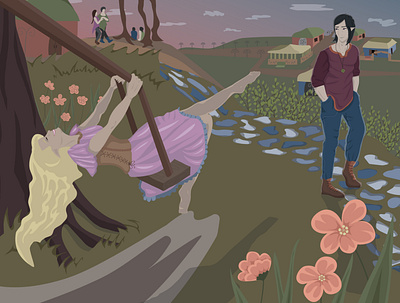 vector illustration | Sunset, romance and flowers design атмосфера векторная графика закат лес персонаж романтика