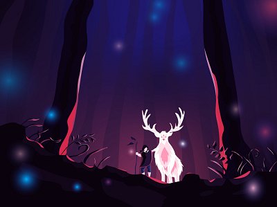 Mysterious forest векторная графика вечер диджитал арт закат лес персонаж фантазия