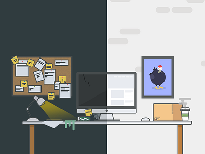 Roosterbox.co - Landing Page Artwork board box broken coffee desk illustration lamp mac mess notes outline rooster