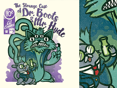 The Strange Case of Dr. Boots and Mr. Hyde cats cute halftone illustration jekyll and hyde monsters pop art science science fiction shirt design