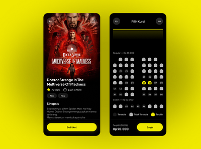 Movie Ticket App android dark mode design graphic design ios mobile movie ticket ui yellow