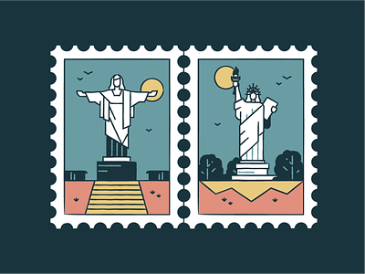 Christ the Redeemer & Statue of Liberty architecture badge brazil icon set iconography iconography graphic icons landmark monuments post card tourism travel usd wonder world