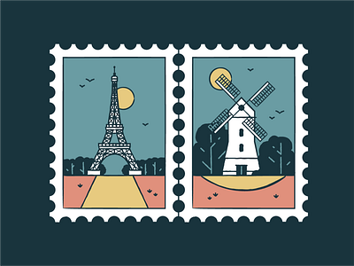Eiffel Tower & Windmills architecture badge card france graphic icon set iconography icons landmark monuments post symbol tourism travel windmills wonder