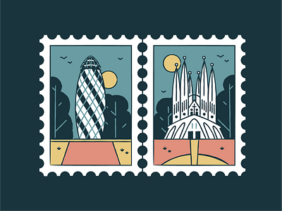 The Gherkin & La Sagrada Familia architecture branding building city design icon set illustration landmark stamp sun symbol travel turist vector