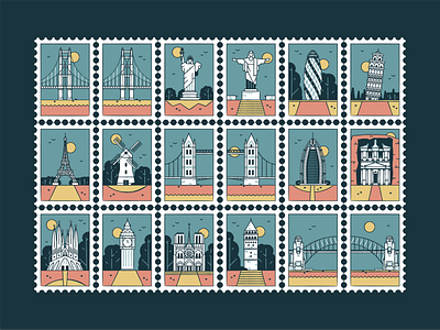 Landmarks Icon set no.2 architecture branding bridge buildings burj al arab city design golden gate icon set illustration la sagrada familia landmarks notre dame petra stamp statue of liberty symbol the gherkin tower of pisa travel