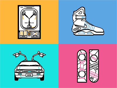 Back to the Future Icons 80s air mag back to the future delorean design evolution future hoverboard icon set illustration kicks marty mcfly nike pepsi retro shoes sneakers time vector