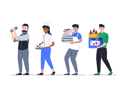 Character set 2d bartender cooker characters colorful cute delivery man design dishwasher face flat icon set illustration man outline people shape team woman workers