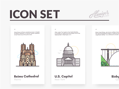 Icon set bridge cities cloud editorial graphic icon set iconography icons illustration landmarks linework retro travel us capitol vector