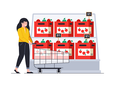 Shopping day 2d branding card cart design face flat fruits illustration money outlne people price shape shop shopping spending money vegetable woman