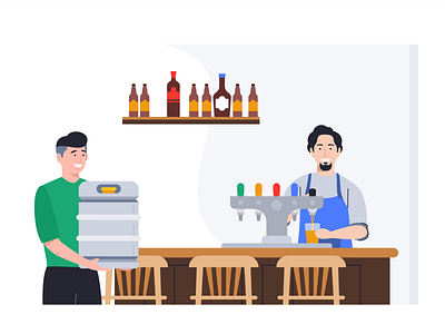 Day at Work 2d at work bartender beer brand branding characters delivery design face flat outline shape shop supply tap team workers