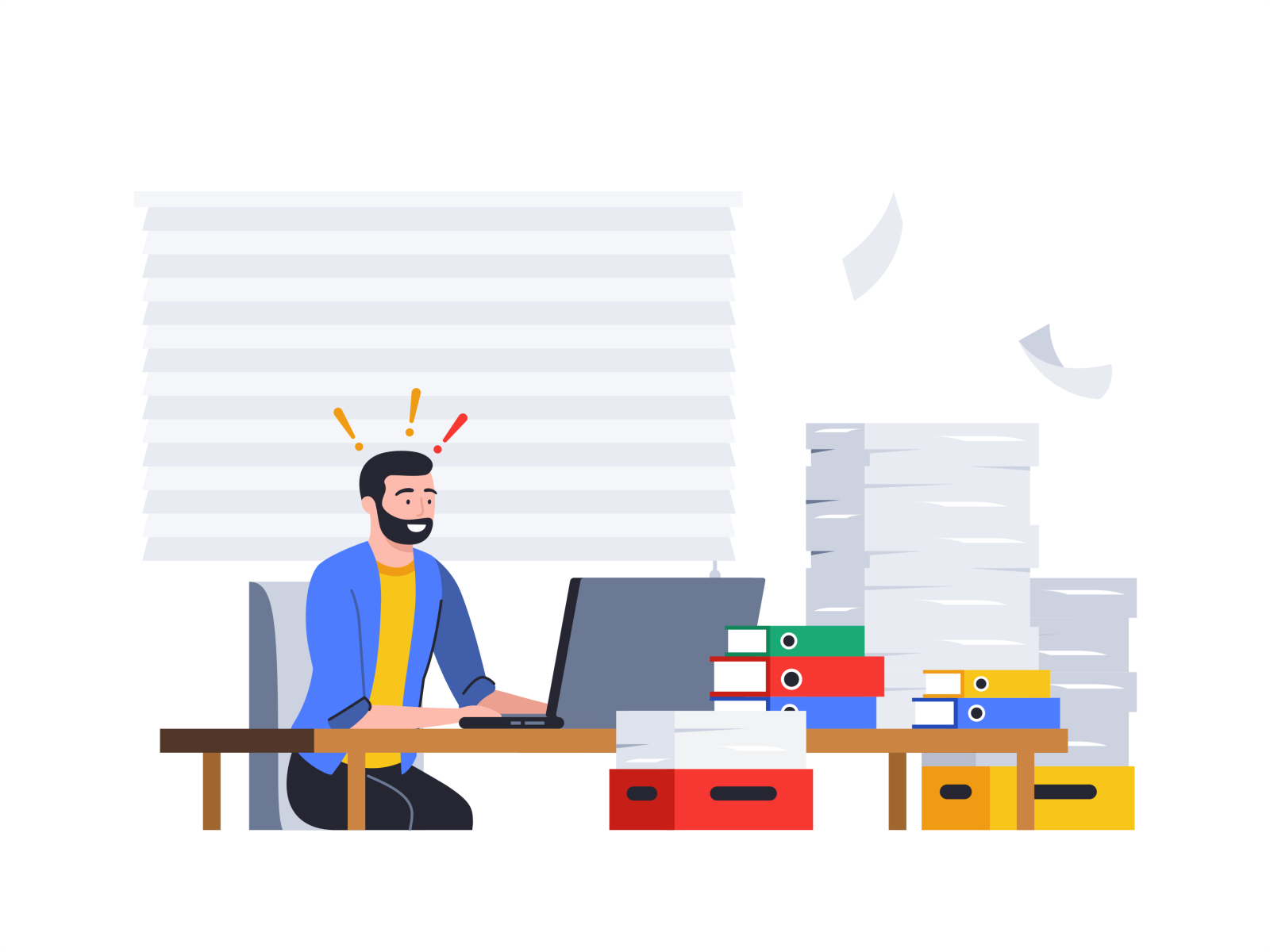 Stress at Work papers colorful 2d shape team icon set illustration design flat people face character man work notification documents technology message