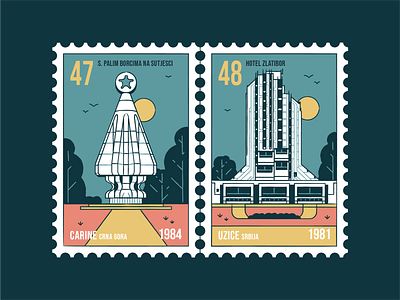 Stamp set No.11 badge branding brush building design icon set illustration mail memorial monument nature old outdoor outside postage postmark sfrj vector yugoslavia