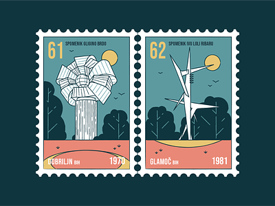 Stamp set No.12 badge branding brush building design icon set illustration mail memorial monument nature old outdoor outside postage postmark sfrj vector yugoslavia