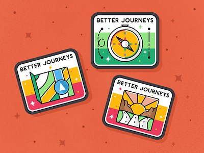 Better Journeys badges badge branding compas design icon icon set illustration journey logo mark mountains outdoors road sunset travel typography ui ux vector way