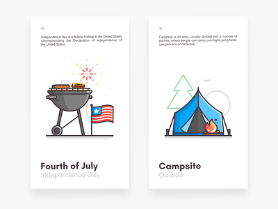 4th July & Campsite 4th july bbq branding burger camp campfire camping forest gril icon icon set illustration independence day nature outdoors outline outside picnic sausage tent