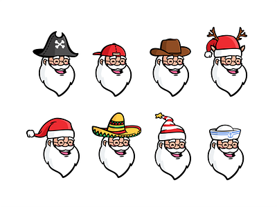Santa hats beard branding character christmas cute design fun happy hats icon set illustration mascote mexico nft old santa clause see smile vector xmas