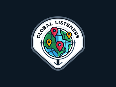 Global Listeners achivemnets badge branding design earth globe icon icon set iconography illustration location logo map planet platform podcast stream streaming typography vector