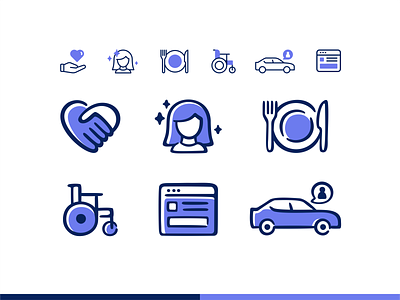 Boom Large icon set branding car design eat friends hands handshake hear home meals icon icon set illustration love transportation user vector vehicle web page wheelchair woman