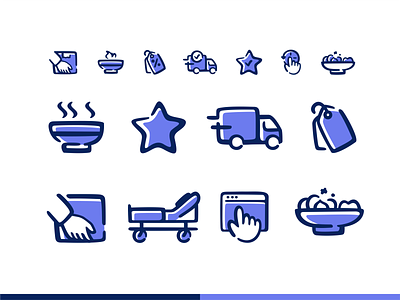 Boom Small icon set bed branding cooking delivery design food health home meal icon icon set illustration packing patient price star transportation truck vector web page