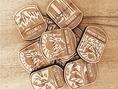 National parks pins arches badge bryce canyon design grand canyon grand teton hiking icon set illustration landscape nature outside rocky mountain sequoia sticker travel wood wooden pins yellowstone yosemite