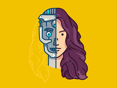 Girl Robot alive design human illustration like line machine outline program robot simple woman