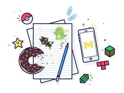 Family Of Mobcrush Products TopView design donut doodle illustration iphone mario minecraft paper pen pokemon tetris zelda