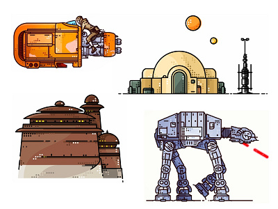 Star Wars set Illustrations bb8 boba fett c3po darth vader death star droid icons kylo outline r2d2 star wars stormtrooper