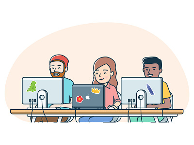 Coworking team business characters communication computer coworking group illustration laptop line sticker teamwork young