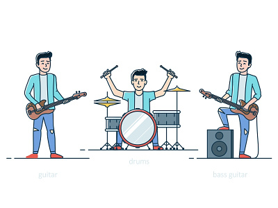 Band ad band character drums electric guitar guitar illustration instruments line art microphone music rock