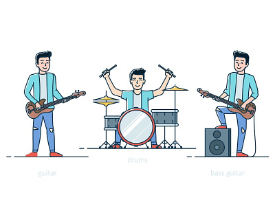 Band ad band character drums electric guitar guitar illustration instruments line art microphone music rock