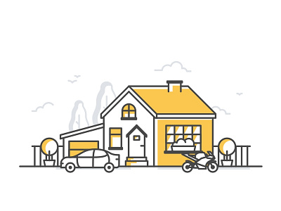 Residential Small House bike building car clouds cute day garage house icon illustration plant tree