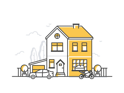 Residential Big House bike building car clouds cute day garage house icon illustration plant tree