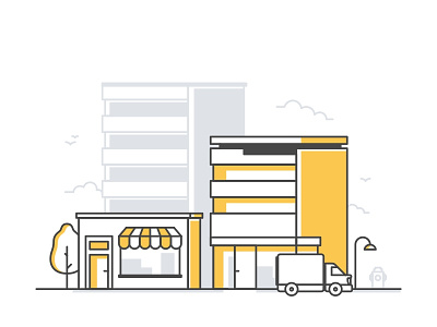 Commercial Area Buildings building clouds commercial cute day icon illustration market office shop tree truck