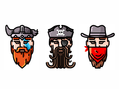 Old Characters avatar captain comic cowboy design heads icon illustration movie outlaw sheriff viking