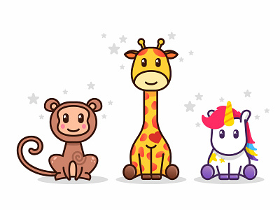 Cute Animals 🐵🦄🦒 animal character fantastic flat giraffe illustration line magic monkey stickers unicorn vector