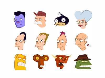 Futuramojis cartoon characters design emoji face futurama icon pack illustration minimalistic robots scifi vector