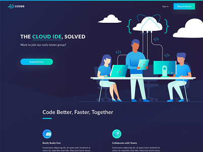 Coder Header business people characters cloud coder collaboration gradient ide page sign up tecnology ui website