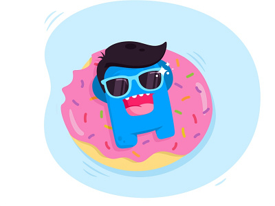 Relaxing cartoon character design cute cute monster donut draw drawing emoji emotion icon illustration minimal modern pool relax sketch summer sunglasses swimming