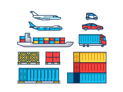 Mode of Transport airplane boat box boxes car cargo container icon set illustration info line scene shipping storage technology tracking transportation truck vector world